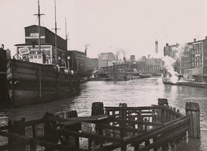 Uitzicht op Rush St. Bridge en Kirks Soap Factory, 1894