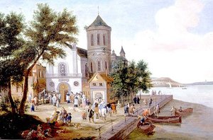 Kustlandschap met figuren op een kerkplein