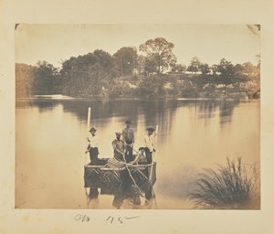 Klein vlot van dekenboten steekt de Potomac rivier over door A.J. Russell