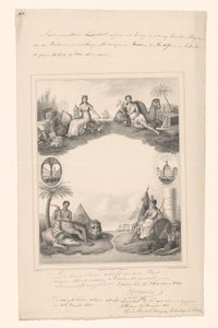 Ontwerp voor een titelpagina met personificaties van vier werelddelen door A. Bakker