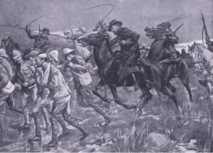 De behandeling van Britse krijgsgevangenen door De Wet tijdens de mars, illustratie uit Na Pretoria: De Guerrillaoorlog, 1902 door A. C. Ball