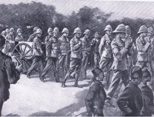 Begrafenis met militaire eer van een Boerengevangene in Simonstown, uit After Pretoria: The Guerilla War gepubliceerd door Harmsworth Bros Limited, 1901