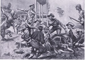 De aanval op Hamel Fontein Farm, uit After Pretoria: The Guerilla War gepubliceerd door Harmsworth Bros Limited, 1901 door A. C. Ball