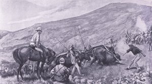 Transportproblemen bij Barberton: Hoe de kanonnen en wagens de bergen op werden gebracht, illustratie uit Na Pretoria: De Guerrillaoorlog, 1902 door A. C. Ball