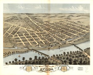 Gezicht in vogelvlucht op de stad Attica, Fountain County, Indiana 1869. LOC 73693378 door A.; Chicago Lithographing Co. Ruger