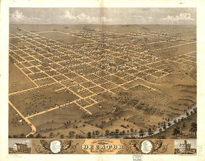 Gezicht in vogelvlucht op de stad Decatur, Macon Co, Illinois 1869. LOC 73693354