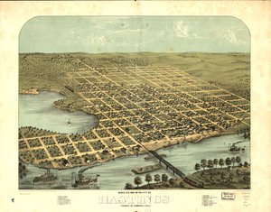Gezicht in vogelvlucht op de stad Hastings, Dakota Co, Minnesota 1867. LOC 73693453