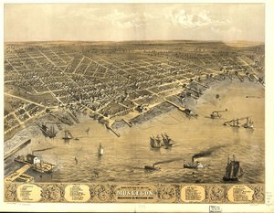 Vogelvlucht van de stad Muskegon, Muskegon Co., Michigan 1868
