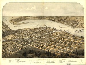 Vogelvlucht van de stad Port Huron, Sarnia  Gratiot, St. Clair Co., Michigan 1867  Point Edwards, Lambton Co., Canada west. LOC 73693443