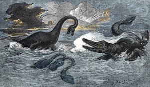 Plesiosaurus en een ichthyosaurus uit het Onder-Jura door A. Demarle