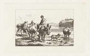 Landschap met herderin op muilezel en herder met koeien door A. Dickhof (signed by artist)