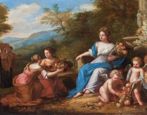 Ceres zittend met putti die fruit presenteren. (olieverf op doek) door A. Diennen