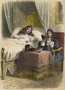 Lodewijk XIV koning van Frankrijk luisterde graag naar Jean Racine en liet hem komen toen hij ziek was. Gravure door A. Duruy in 