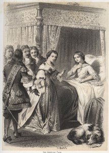 Madame Deshoulieres, Antoinette Ligier de La garde (1637-1694) overweldigd door vragen van haar entourage na een nacht vol angst voor de geest. Gravure door A. Duruy in 
