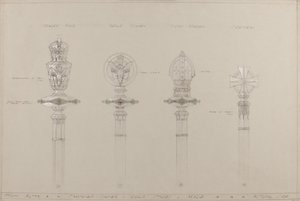 Hoogaltaar: voorgestelde gouden en zilveren staven en knotsen, werkelijke grootte door A. Edward Jones and Co.
