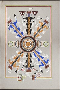Tekeningen die de begraafplaats van "Cadunce" een Chippewa Indiaanse "Medicijnman", een Navajo zandtekening en Crow steen schilderijen weergeven door A. Grossman