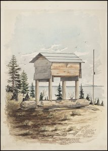 Tekeningen die de begraafplaats van "Cadunce" een Chippewa Indiaanse "Medicijnman", een Navajo zandtekening en Crow steen schilderijen weergeven door A. Grossman