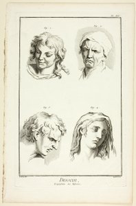 Tekening: Uitdrukkingen van Emotie (Lachen, Huilen, Medelijden, Verdriet), uit Encyclopédie door A. J. Defehrt