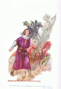 Ferdinand volgde verbaasd het geluid van Ariels stem (De Storm), uit Verhalen van Shakespeare uitgegeven door Ward Lock & Co Ltd door A. Jackson