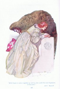 Julia begon de gescheurde fragmenten van de brief zo goed mogelijk in elkaar te zetten (De Twee Edellieden van Verona), uit Verhalen van Shakespeare uitgegeven door Ward Lock & Co Ltd door A. Jackson