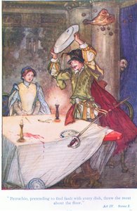 Pettruchio, die deed alsof hij aan elk gerecht iets mankeerde, gooide het vlees over de vloer (De getemde feeks), uit Verhalen van Shakespeare uitgegeven door Ward Lock & Co Ltd door A. Jackson