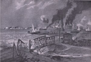 Vernietiging van een scheepswerf in Bari (Italië) door Oostenrijks-Hongaarse torpedobootjagers, uit De Geïllustreerde Geschiedenis van de Wereldoorlog 1914-1915 uitgegeven door Union Berlagsefellfchaft