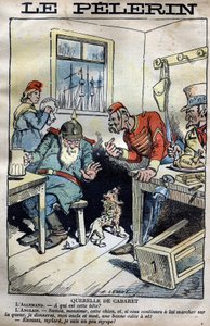 Cabaret Querelle: Cartoon over de koloniale oorlogen tussen Engeland, Duitsland, Frankrijk en de Verenigde Staten rond de situatie in Fachoda in Afrika. Gravure door Lemot in 