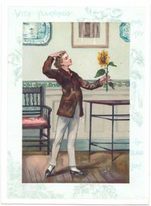 De bloemkijker Victoriaanse Wenskaart van een Estheet die een zonnebloem aanbidt in extase, ca. 1881