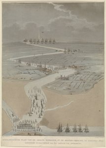 Gezicht in vogelvlucht op de Westerschelde met Engelse, Hollandse en Franse vloten, 1809 door A. Lutz