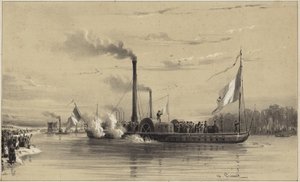 Mensen aan de kust zwaaien een stoomschip uit door A Provost