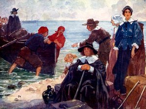 Een groep ballingen meert hun bark aan op de wilde kust van New England, 1620, 1905 door A. S. Forrest