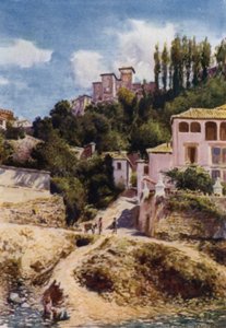 Het Alhambra, Torre de las Damas vanaf de rivier Darro (kleur litho)