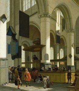 Interieur van de Oude Kerk, Delft, met een predikant