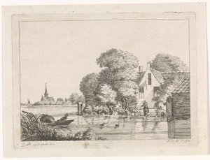 Hengelaar en een vrouw voor een huis door A. van de Velde