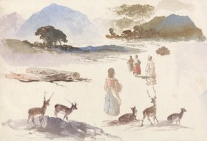 Blad met studies van herten, figuren en landschap