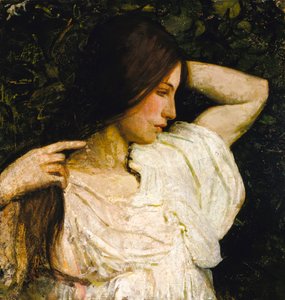 Meisje dat haar haar arrangeert door Abbott Handerson Thayer