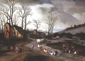 Winterlandschap met boeren die knotten door Abel Grimmer or Grimer