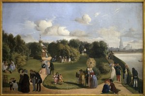 Zicht op de Rochelle (tuin van het bad Marie Therese). Personages van de bourgeoisie in een park: stelletje pratend op een bank, mannen begroeten dames, kind speelt met een hoepel door Abel de Pujol