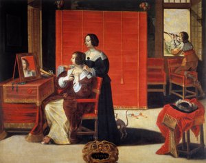 De vijf zintuigen: Het zicht Een jonge vrouw voor haar spiegel terwijl een man een astronomische kijker gebruikt. Schilderij door Abraham Bosse (1602-1676). 17e eeuw. Tours, Museum voor Schone Kunsten door Abraham (after) Bosse