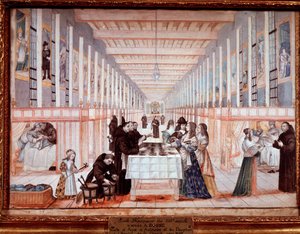 Bezoek van Anna van Oostenrijk aan het ziekenhuis van de Zusters van Liefde. Met de dauphin (later Lodewijk XIV) door Abraham (after) Bosse