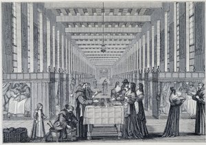 Interieur van de ziekenzaal van het Hôpital de la Charité (ook wel het ziekenhuis van de Frères-de-Saint-Jean-de-Dieu genoemd), in Parijs - Gravure naar Abraham Bosse (1602-1676) - gepubliceerd in 