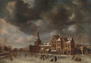 De Blauwpoort in Leiden in de winter door Abraham Beerstraten