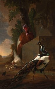 Een Pauw, Kalkoen en Kip met haar Kuikens naast een Klassieke Fontein in een Landschap door Abraham Bisschop