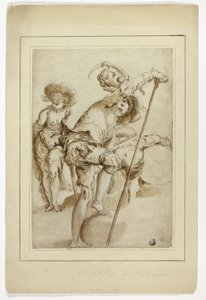 Een staande soldaat, een staande vrouw en een bukkende trommelaar door Abraham Bloemaert
