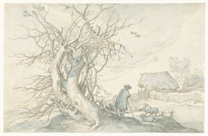 Herder met schapen bij een dode boom