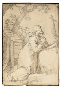 Sint Paulus van Phermae knielend in gebed voor een kruisbeeld