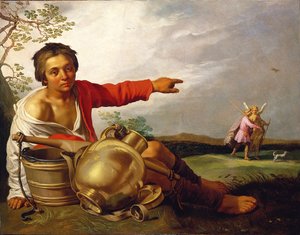 Herderjongen wijst naar Tobias en de Engel