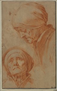 Twee studies naar het hoofd van een oude vrouw door Abraham Bloemaert