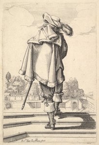 Een heer, gezien van achteren, lopend op een borstwering, met een mantel over zijn linkerschouder..., 1629