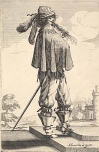 Een heer met een korte jas, een helm en laarzen met sporen, staand op de treden, 1629